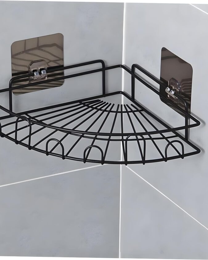 Boniry metal Bathroom Organiser Without Drill Bathroom Rack Self Adhesive|Stand for Corner Shampoo Holder for Bathroom Multipurpose Kitchen Holder Storage (Flower Corner, bathroom shower caddy, Black)
