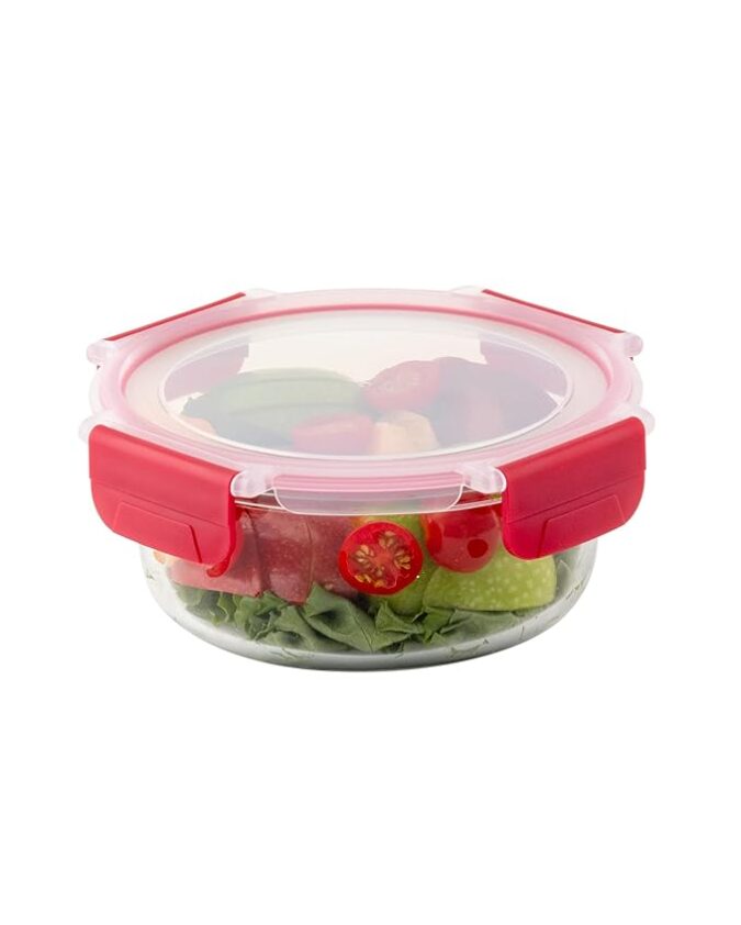 DUBBLIN Lock Me Up Glass Heat Resistant Borosilicate Glass Container 640ml - Round, Clear | Oven, Freezer & Microwave Safe Storage Solution (1 Piece)